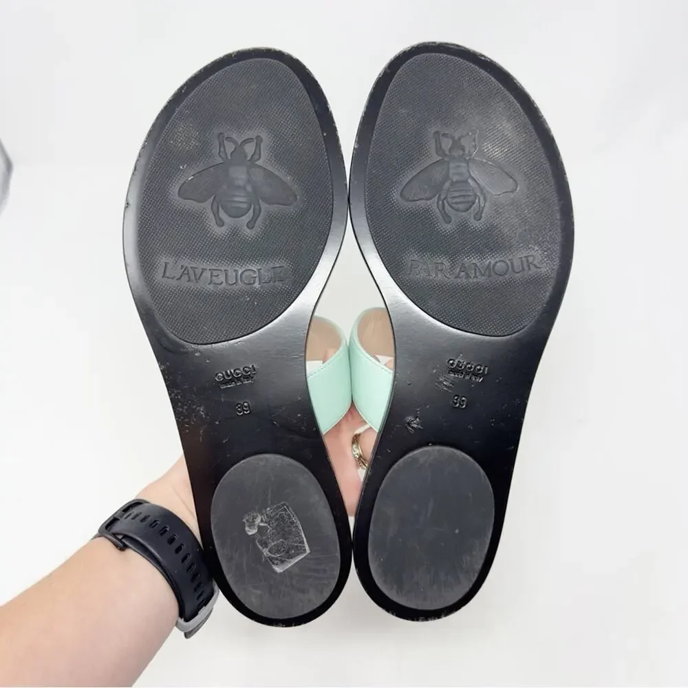 Gucci GG Marmont Mint Green Leather Flat Thong Sandals Womens Size EU 39